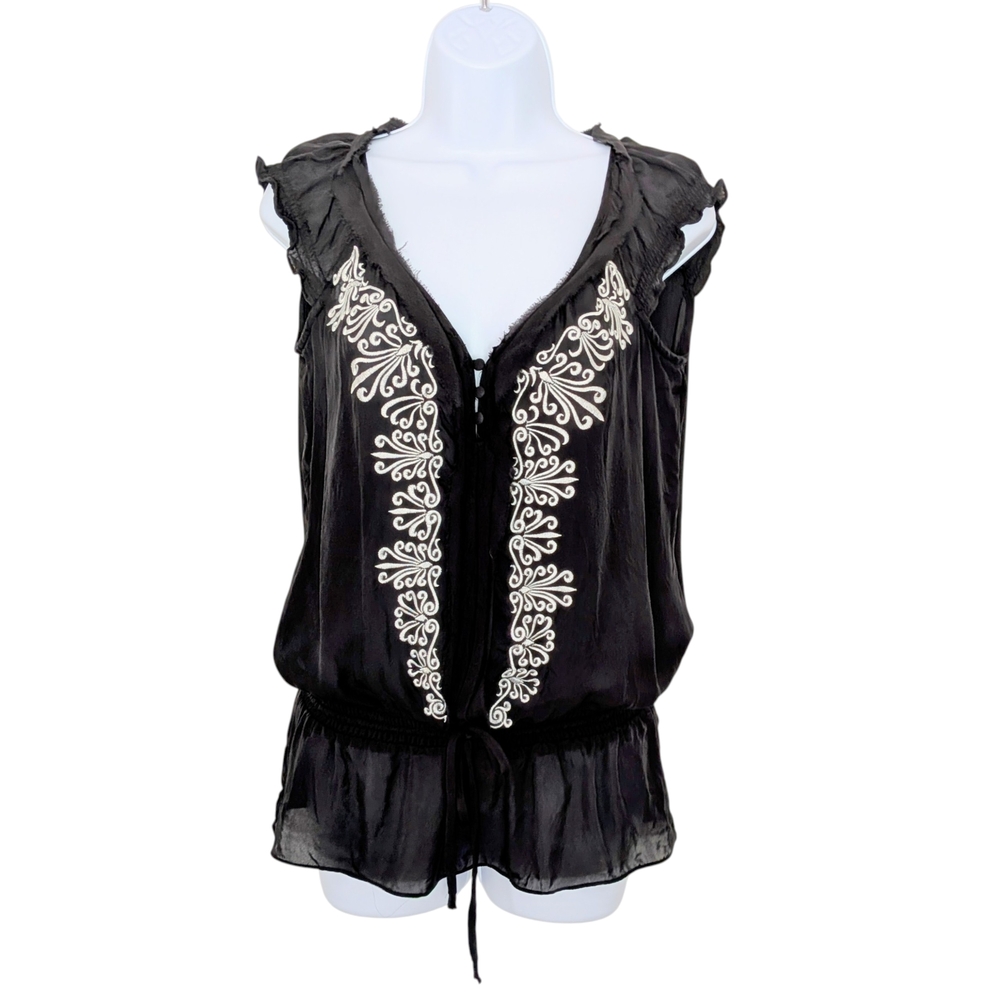 White House Black Market Silk Black Blouse with White Embroidery